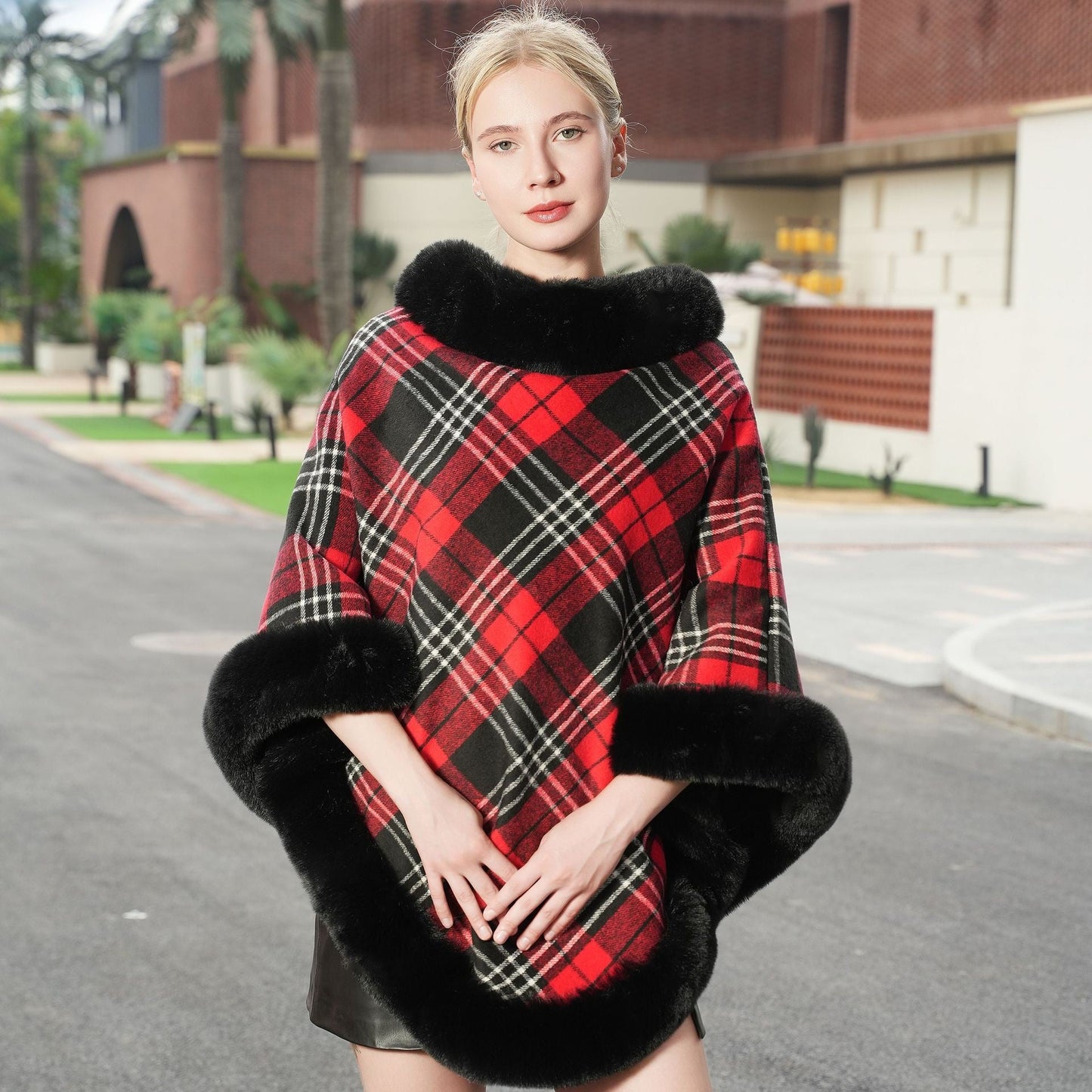 Isolde Fleece-Lined Plaid Winter Cloak