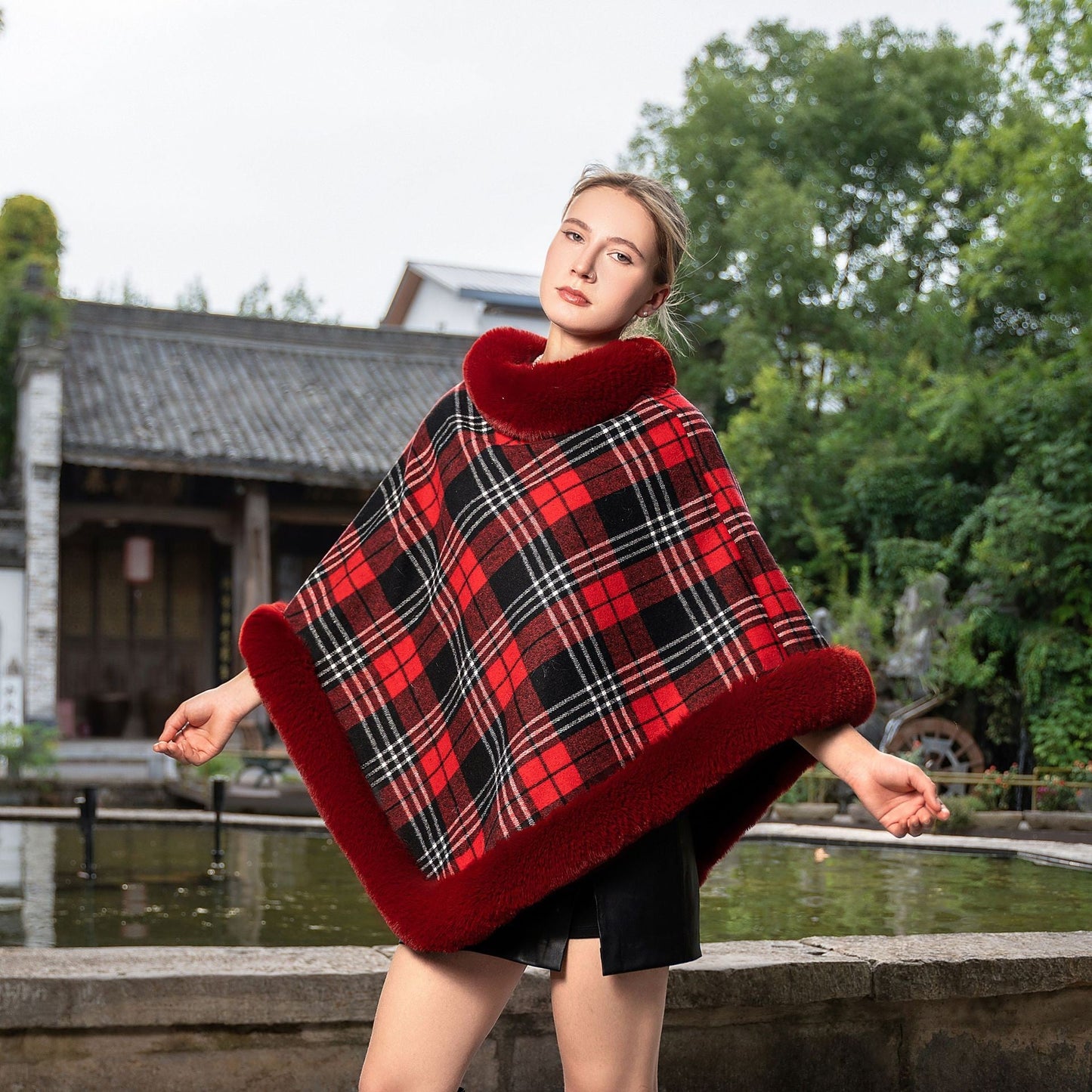 Isolde Fleece-Lined Plaid Winter Cloak