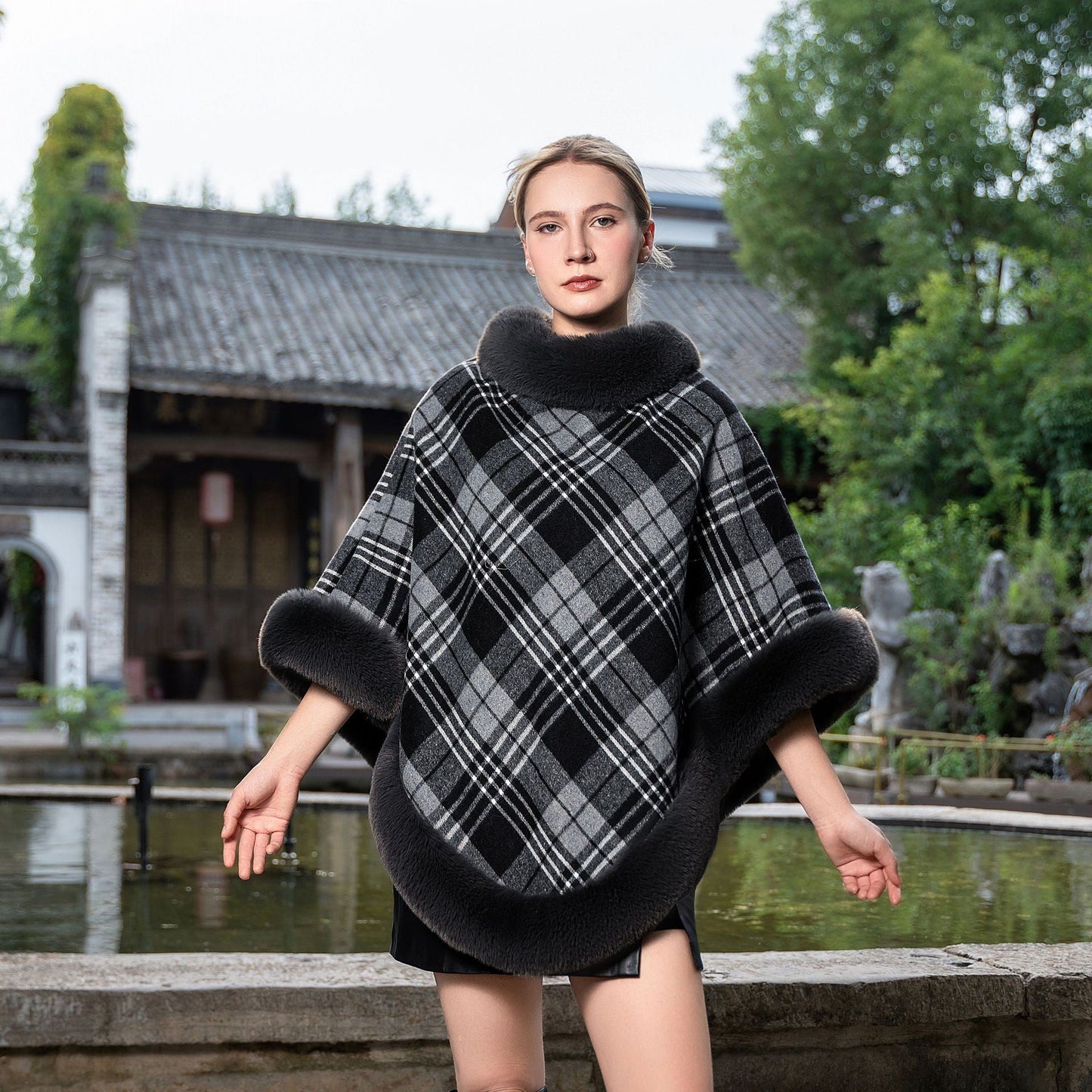 Isolde Fleece-Lined Plaid Winter Cloak