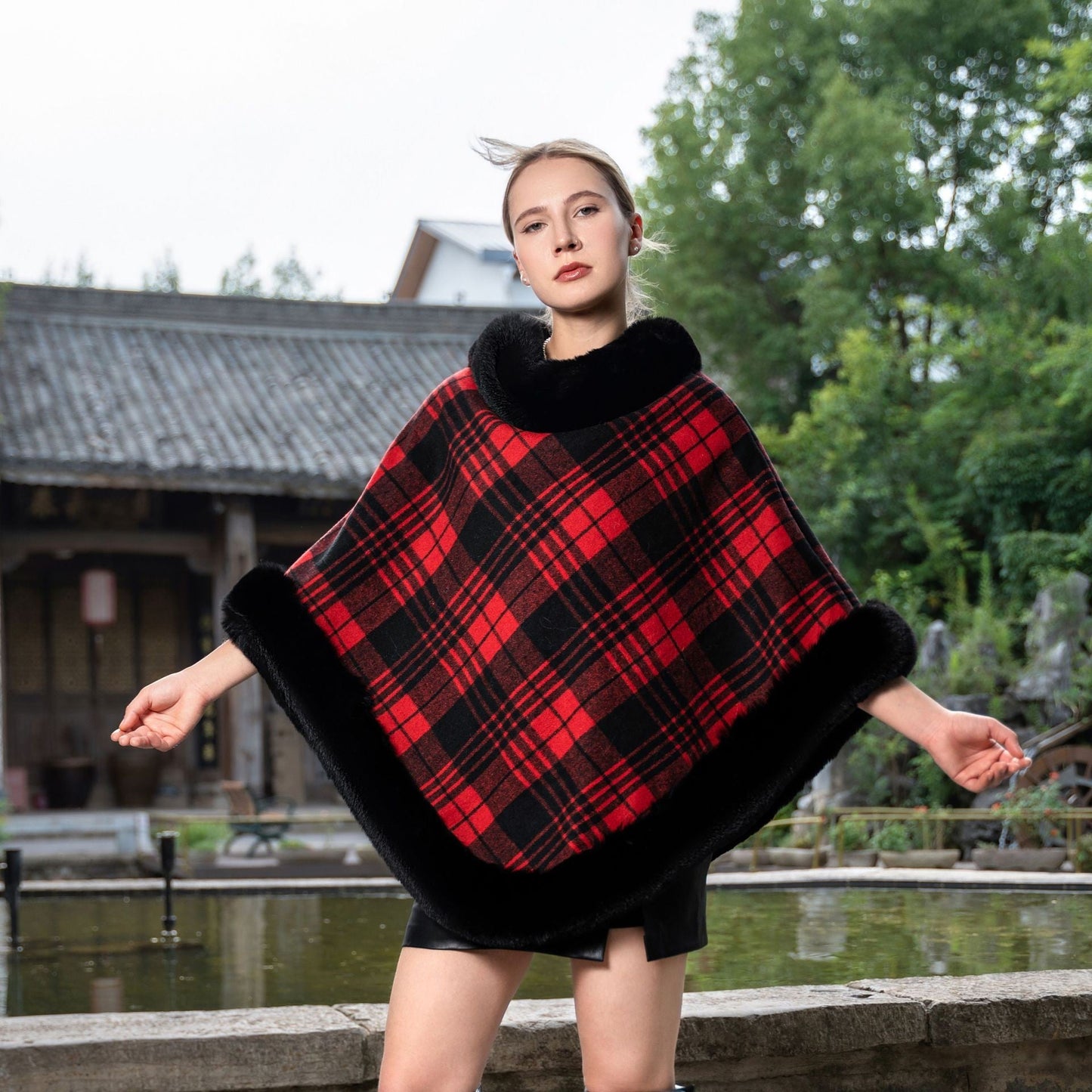 Isolde Fleece-Lined Plaid Winter Cloak
