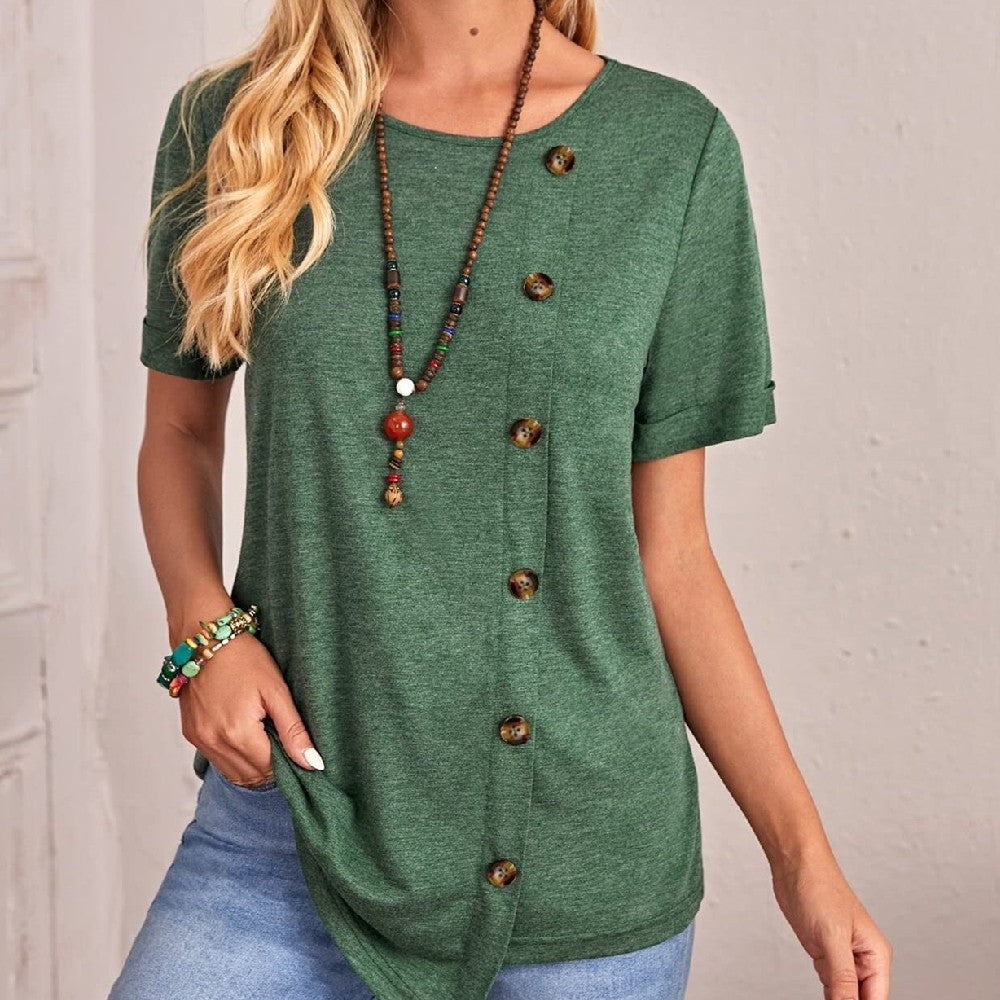 Saria Button-Drape Short Sleeve Tee