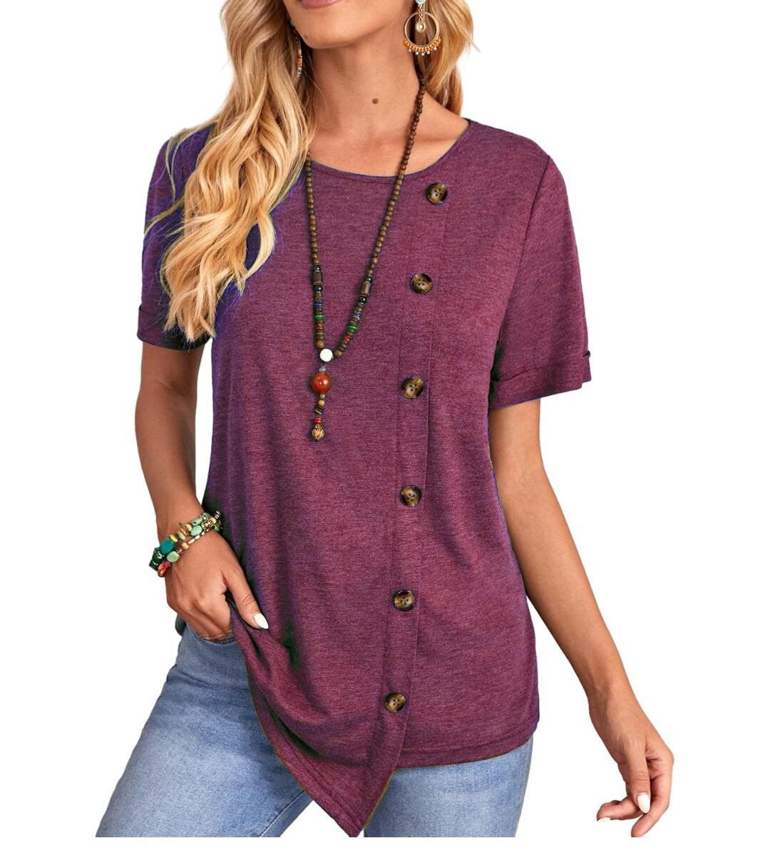 Saria Button-Drape Short Sleeve Tee