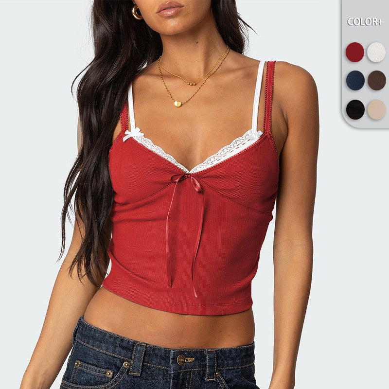 Sylvara Bow-Lace Contrast Cami Top
