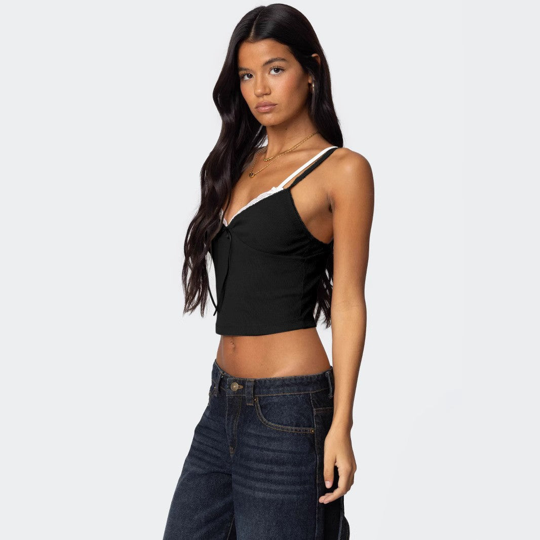 Sylvara Bow-Lace Contrast Cami Top