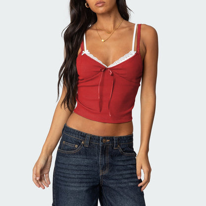 Sylvara Bow-Lace Contrast Cami Top