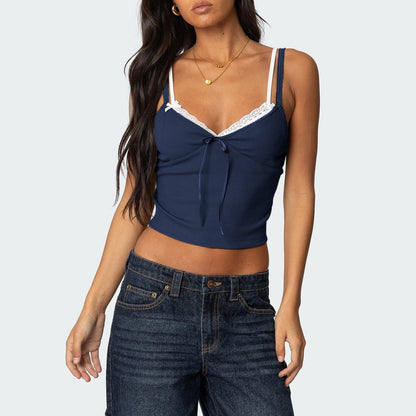 Sylvara Bow-Lace Contrast Cami Top