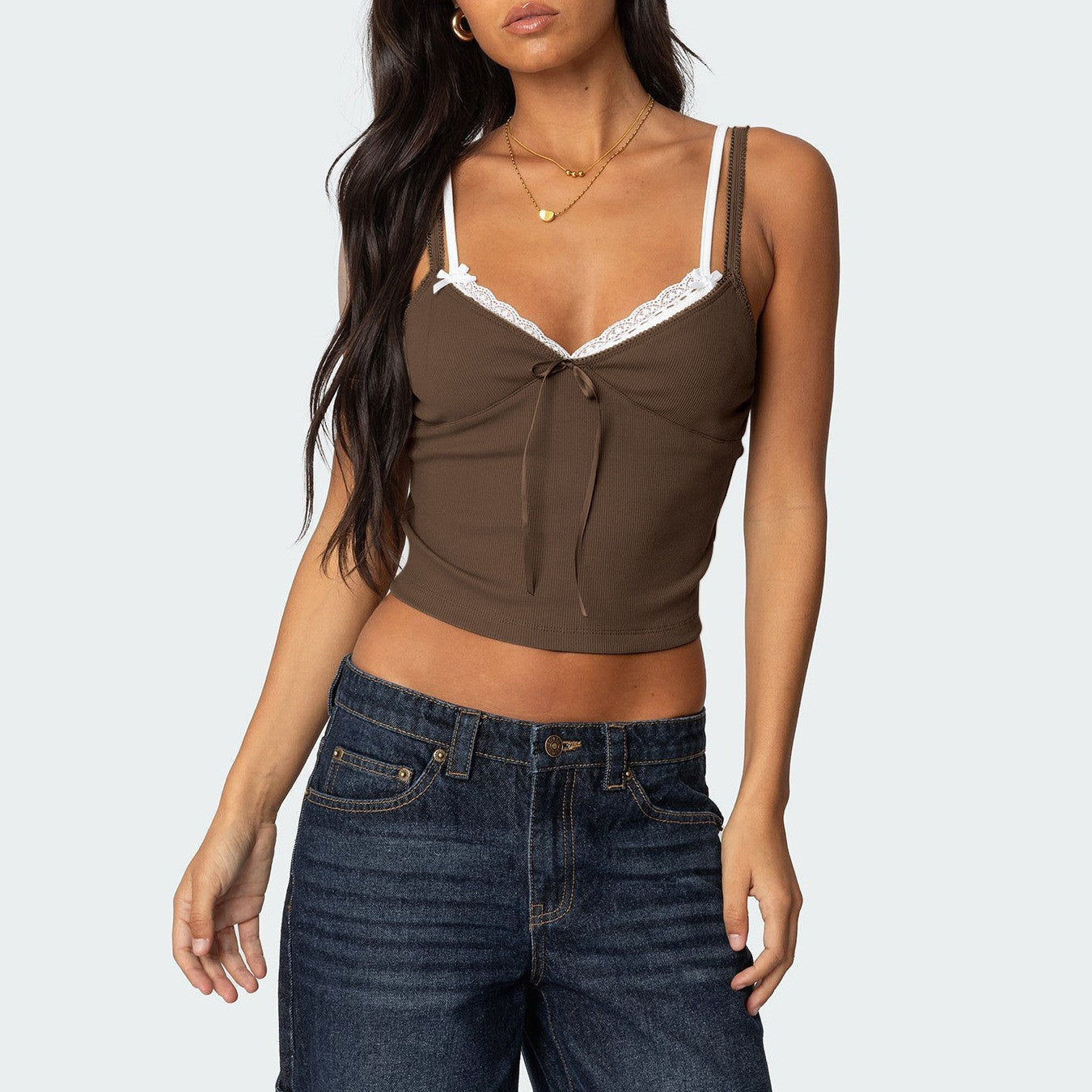 Sylvara Bow-Lace Contrast Cami Top
