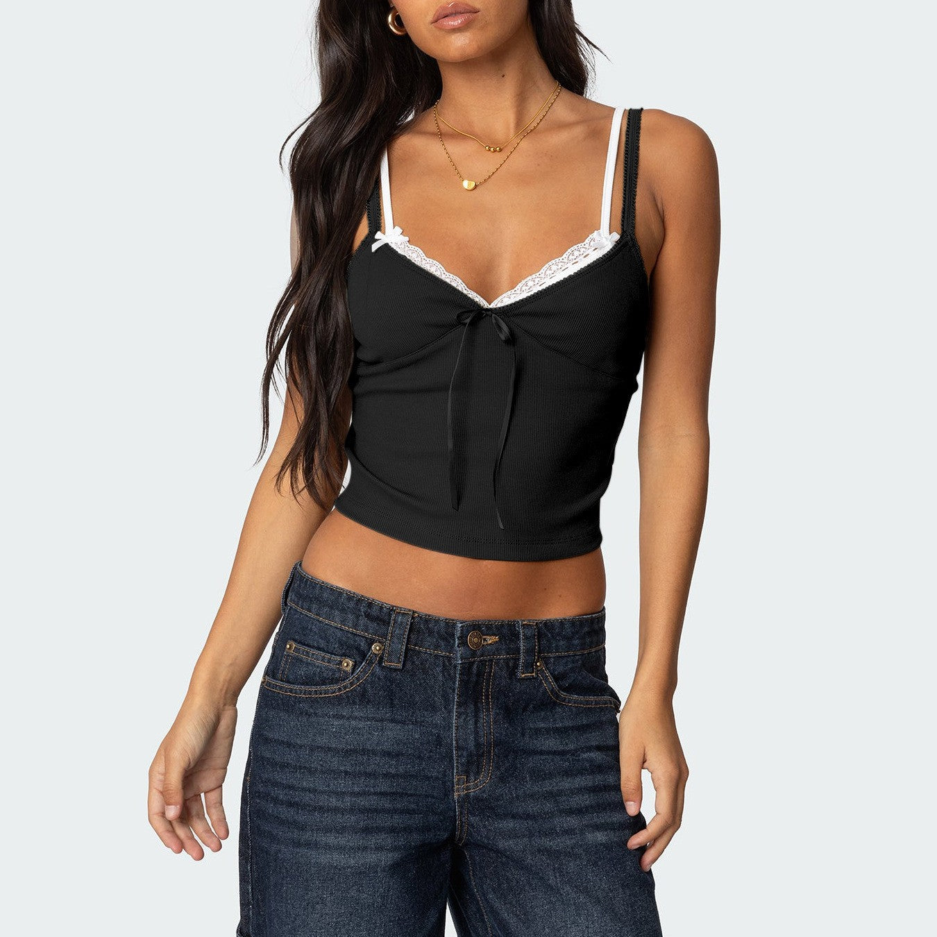 Sylvara Bow-Lace Contrast Cami Top